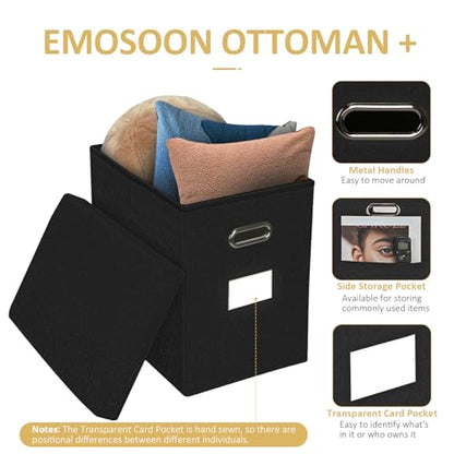 Tall Ottoman with Storage Collapsible Fabric Small Slim Folding Ottoman Furniture with Handles Lid for Room Footrest Foot Stool Linen Black 16.5x16.5x11.8in - color: Black