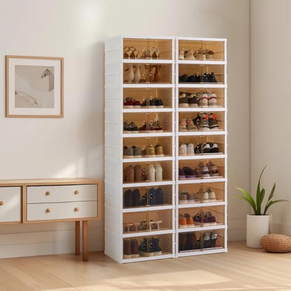 SAYMA Collapsible Shoe Rack Organizer Foldable Shoe Storage Organizer with Doors, Large Plastic Folding Shoe Rack, Easy Assembly Shoe Cabinet Storage for Entryway (2 x 9 Tiers-18 Pairs) - size: 2 x 9 Tiers-18 Pairs