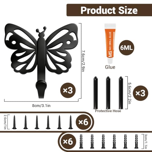 Butterfly Design Metal Hook for Both Screw Mounting and Strong Adhesive | Suitable for Living Room, Bathroom, Kitchen, Bedroom for Coat, Bag, Scarf, Towel, Hat, Key, Cup, Black 3 Set - style: 3B