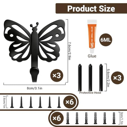 Butterfly Design Metal Hook for Both Screw Mounting and Strong Adhesive | Suitable for Living Room, Bathroom, Kitchen, Bedroom for Coat, Bag, Scarf, Towel, Hat, Key, Cup, Black 3 Set - style: 3B