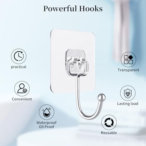 10 PCS Adhesive Wall Hooks 33lb(Max) Reusable Anti-Skid Traceless Hooks Heavy Duty 180 Degree Rotating,Waterproof and Oilproof, Bathroom Kitchen Heavy Duty Self Adhesive - color: Transparent 10PCS