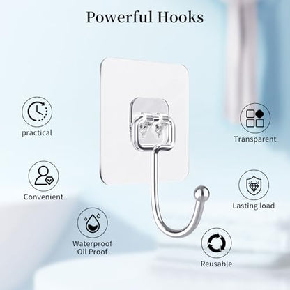 10 PCS Adhesive Wall Hooks 33lb(Max) Reusable Anti-Skid Traceless Hooks Heavy Duty 180 Degree Rotating,Waterproof and Oilproof, Bathroom Kitchen Heavy Duty Self Adhesive - color: Transparent 10PCS