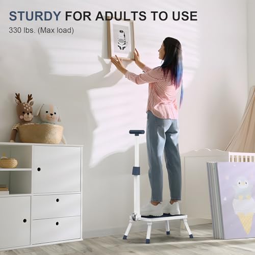 Folding Step Stool, Step Stools with Handle for Elderly Adults, Metal Stepping Stool with Adjustable Handrail in Kitchen, Bathroom, Bedroom, 330 Lbs Capacity
