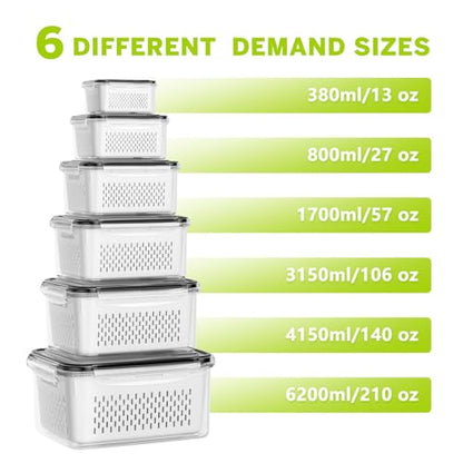 HOMETALL 6 PCS Fruit Storage Containers for Fridge with 6 Removable Colanders, BPA Free Produce Containers for refrigerator, Dishwasher & Microwave Safe Food Containers Keep Fruit, Salad, Berry, Fresh - size: 6 Pack