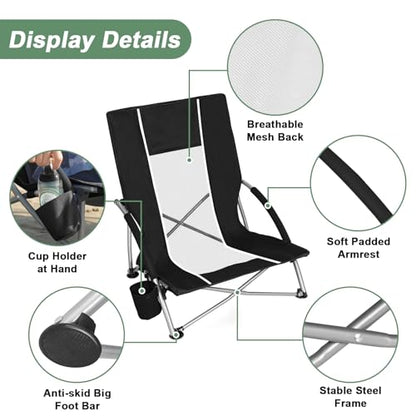 Romswi Low Beach Chairs for Adults 2 Pack, Lightweight Folding Sand Chairs with Breathable Mesh Back & Cup Holder, Portable Compact Camping Chairs, 300lbs Capacity,Black - color: Black - Low Back