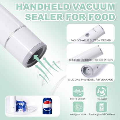Handheld Vacuum Sealer for Food Storage – Portable & Rechargeable, Easy One-Hand Automatic Operation, 1 Vacuum Sealer + 30 Food Reusable Bags