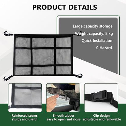 Car Ceiling Cargo Net,35.43"×25.59" Auto Ceiling Storage with Reinforced Buckle Fastener,Double Layer Mesh Roof Storage Organizer,Universal Camping Essentials for Cars, Vans, SUVs