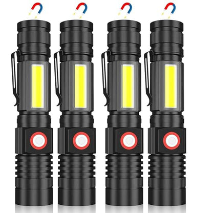 Hoxida Magnetic Flashlight USB Rechargeable, Super Bright LED Tactical Flashlight with Cob Sidelight, Waterproof, Zoomable Best Small LED Flashlight for Camping, Emergency Flashlights - color: 4pcs