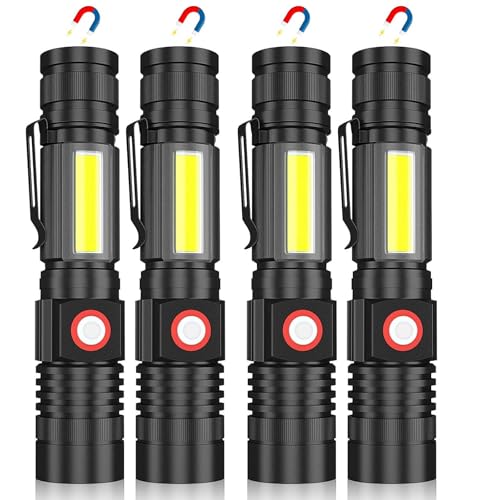 Hoxida Magnetic Flashlight USB Rechargeable, Super Bright LED Tactical Flashlight with Cob Sidelight, Waterproof, Zoomable Best Small LED Flashlight for Camping, Emergency Flashlights - color: 4pcs