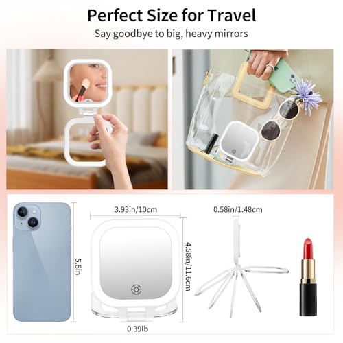FUNTOUCH Rechargeable Travel Makeup Mirror, 30X/1X Rechargeable Double Sides Magnifying Mirror with 3 Light Settings & Adjustable Brightness,Compact Mirror with PU Bag Valentine's Day Gift, White - color: White-c