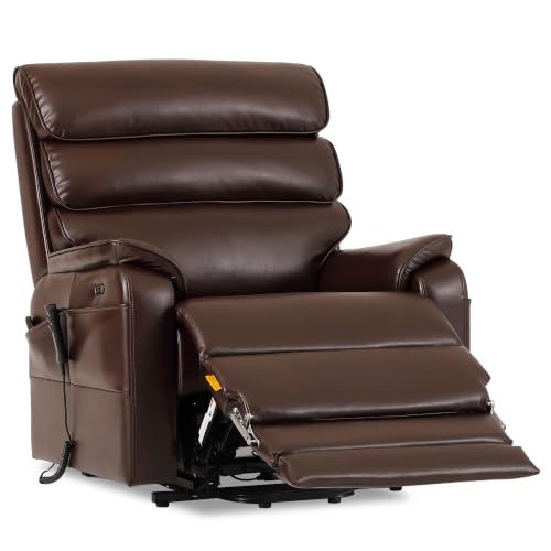 DYNOX 400 LBS Lay Flat Extended Footrest Power Lift Recliner Chair for Big and Tall Elderly,Tall Man Wide Dual Motor Lift Chair with Heat and Massage, Faux Leather, Brown - color: Faux Leather Brown, size: Large - Wide & Tall