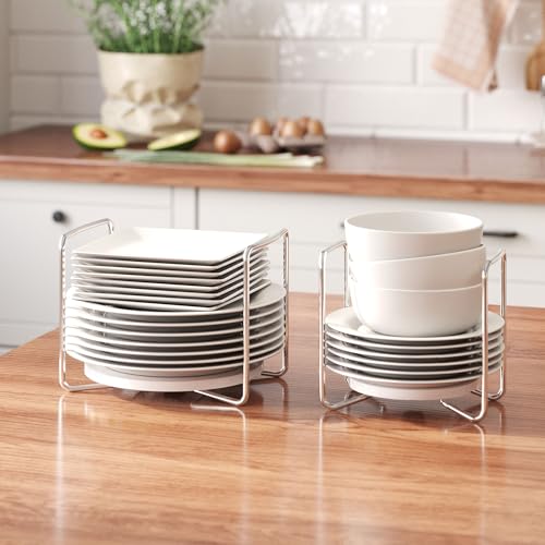 Dish Rack for Kitchen Countertop Organizer - Bamboo Plate Organizer for Cabinet Space Saver, Adjustable Stainless Steel 304 Plate and Bowl Holder with Portable Handle for Drawer Cupboard Shelf RV - color: White, size: 1*Small&1*Large
