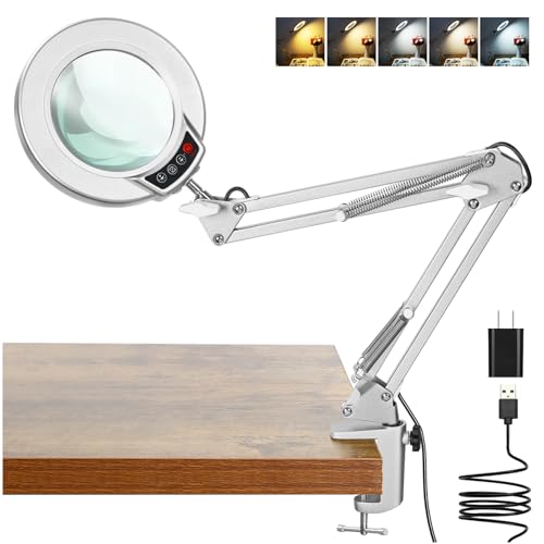Coyeth 10X Magnifying Glass with Light and Clamp, Real Glass Stand Lighted Magnifier, 5 Color Modes Stepless Dimmable LED Desk Lamp Hands Free for Crafts Hobby Reading Painting Close Work - Silver - color: Silver, size: 10X