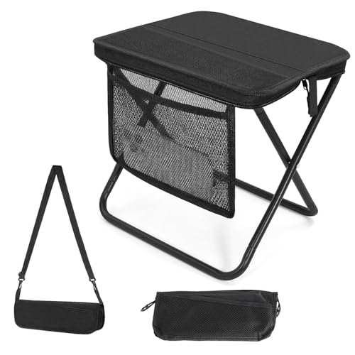 Portable Collapsible Stool, Large Camping Chair Supports 260 lbs, Adjustable Shoulder Strap Folding Stool, Ultralight Collapsible Stools with 3pcs storage bags for Hiking, Fishing, Outdoor (Black) - color: Black
