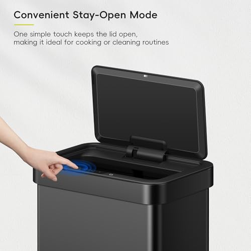 EKO EcoNova 13.2 Gallon/ 50L Automatic Sensor Kitchen Trash Can, Stainless Steel Touchless Garbage Bin with Soft-Close &Stay-Open Lid, Fingerprint-Resistant, Matte Black - size: Nova 50L- Matte Black
