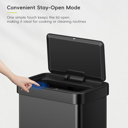 EKO EcoNova 13.2 Gallon/ 50L Automatic Sensor Kitchen Trash Can, Stainless Steel Touchless Garbage Bin with Soft-Close &Stay-Open Lid, Fingerprint-Resistant, Matte Black - size: Nova 50L- Matte Black