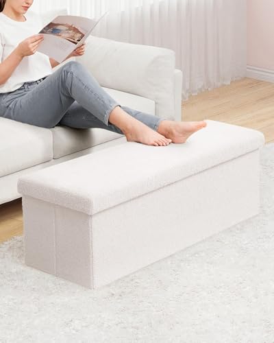 B FSOBEIIALEO Small Storage Ottoman Cube Sherpa Ottomans Foot Rest, Foldable Boucle Ottoman Bench, Faux Teddy Fur, Cream White 43.3"x15"x15" - color: White, size: 43.3"x15"x15"