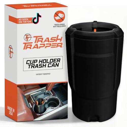 Trash Trapper Car Trash Can Cup Holder | Mini Car Trash Can | Fits in Most Doors | 5.1" x 2.9" | Traps More & Empties Less, Patent-Pending Compaction, Holds Weeks of Small Garbage, Black/Orange - color: Black/Orange, size: Small