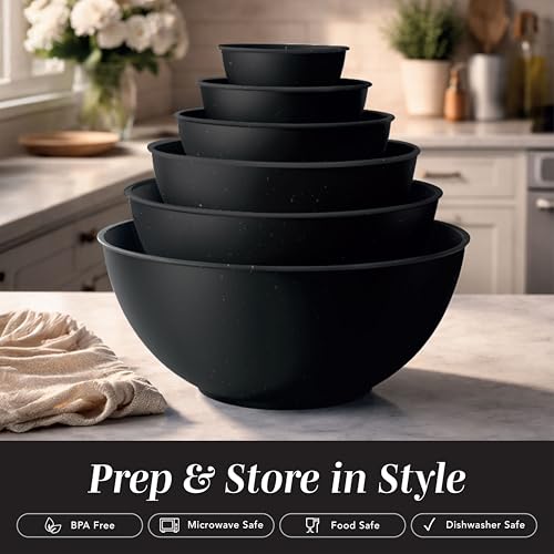 COOK WITH COLOR Mixing Bowls with TPR Lids - 12 Piece Plastic Nesting Bowls Set includes 6 Prep Bowls and 6 Lids, Microwave Safe (Speckled Black) - color: Speckled Black TPR Lids