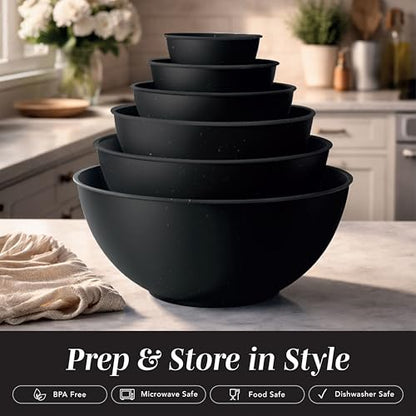 COOK WITH COLOR Mixing Bowls with TPR Lids - 12 Piece Plastic Nesting Bowls Set includes 6 Prep Bowls and 6 Lids, Microwave Safe (Speckled Black) - color: Speckled Black TPR Lids