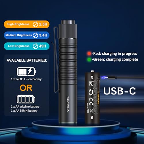 VTIGER T1A Mini Pocket EDC Flashlight with Clip,1300 Lumen Compact AA Rechargeable LED Little Flashlights, Super Bright Tail Switch Small Flash Light with Magnet for Camping,Hiking,Outdoor,Emergency - color: Black