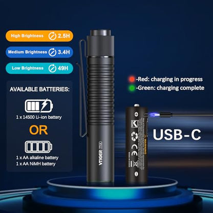 VTIGER T1A Mini Pocket EDC Flashlight with Clip,1300 Lumen Compact AA Rechargeable LED Little Flashlights, Super Bright Tail Switch Small Flash Light with Magnet for Camping,Hiking,Outdoor,Emergency - color: Black
