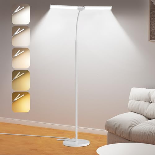 LED Floor Lamp for Living Room, Bright Reading Lamps for Office, Adjustable Colors Temperatures&Brightness, Dual Head Goose Neck Standing Lamp, Remote and Button Control, Eye-Caring Tall Lamp, White - color: White