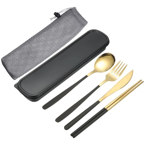 uxcell Travel Utensils with Case, Stainless Steel Portable Silverware, Black/Gold - color: Black/Gold