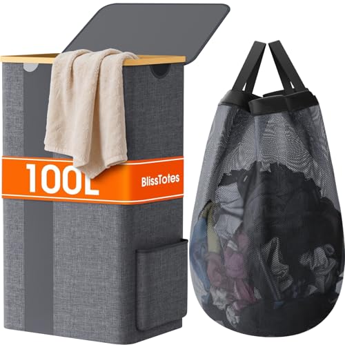 BlissTotes Laundry Basket with Lid, 100L Clothes Laundry Hamper with Handles and Removable Laundry Bag, Breathable Design Hamper with Lid for Bedroom, Bathroom, Dorm, Laundry Room - Light Grey - color: Light Grey, size: 100l