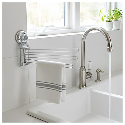 Suction Cup Swivel Towel Rack for Marble & Glass & Smooth Tile Surface Only, Kitchen Dish Towel Holder, Small Hand Towel Holder Bar for Bathroom - Stainless Steel, Wall Mounted