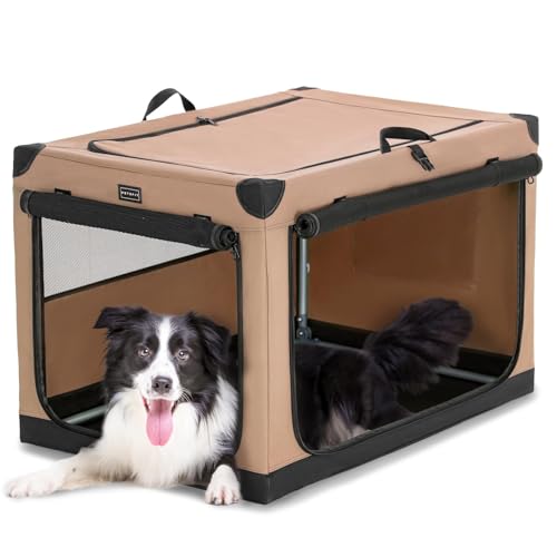 PETSFIT 36" Soft Portable Dog Crate – Patented Spiral Sturdy Frame, Collapsible Travel Kennel for Medium & Large Dogs, 3 Mesh Door, Lockable Zippers, Indoor & Car Use Khaki - color: Khaki, size: 36.0"L x 24.0"W x 23.0"H