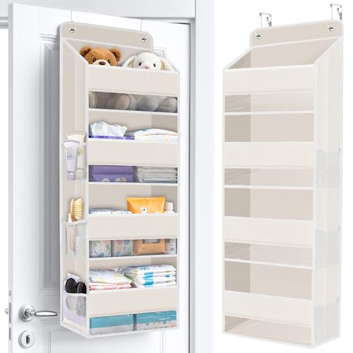 WISELIFE Over The Door Organizer Storage with 4 Large Pockets Door Hanging Organizer with Clear Windows behind The Door Storage for Nursery Bedroom Bathroom Pantry Closet and Baby Essentials Beige - color: Beige, size: 4-Tier