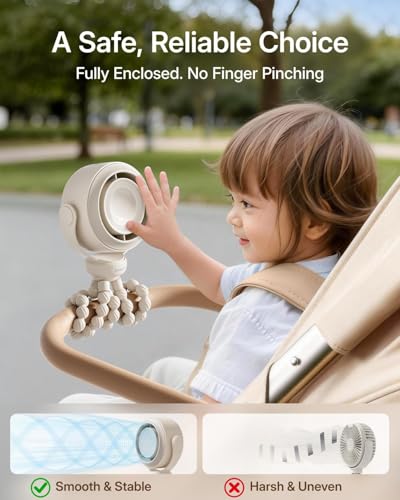 SWEETFULL Portable Stroller Fan, Pinch-Proof Baby Fan, 5-Speed Quiet Mini Clip on Fan, USB-C Rechargeable Battery, LED Display for Car Seat, Crib & Travel - Cream - color: Cream