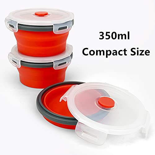CCyanzi 3piece Round Collapsible Bowl with Lids, Silicone Food Storage Containers, Microwave & Freezer Safe, Space Saving for Kitchen Cabinet and Camping Backpack,(Red Gray) - color: red with gray