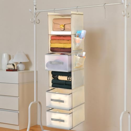 6-Tier Hanging Closet Organizer with 3Drawers and Side Pockets-Multi-FunctionalStorage for Shoes, Belts, Purses, and Clothing - color: 6-shelf -Beige