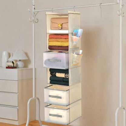 6-Tier Hanging Closet Organizer with 3Drawers and Side Pockets-Multi-FunctionalStorage for Shoes, Belts, Purses, and Clothing - color: 6-shelf -Beige