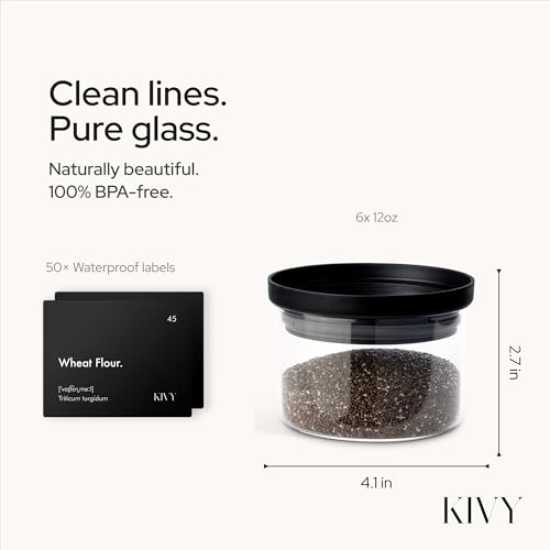 KIVY Glass spice jars transparent Glass Lid [6x 12oz] Stackable & Airtight small glass jars - Spice containers - Seasoning jars tea - Spice storage containers - Spice jars with black lids & labels - size: 12oz * 6
