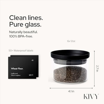 KIVY Glass spice jars transparent Glass Lid [6x 12oz] Stackable & Airtight small glass jars - Spice containers - Seasoning jars tea - Spice storage containers - Spice jars with black lids & labels - size: 12oz * 6