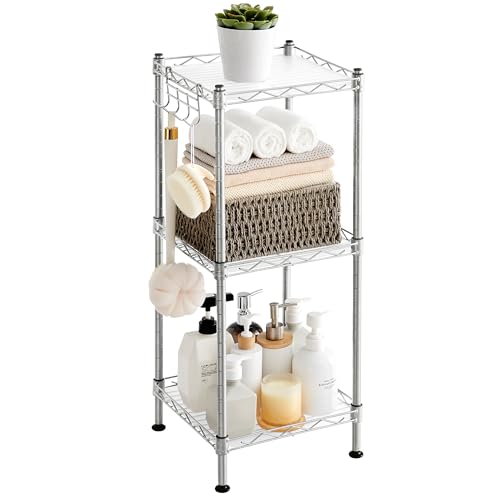 SONGMICS 3-Tier Bathroom Shelf, Storage Rack for Small Space, with 3 PP Shelf Liners, Removable Hook, Extendable Design, Silver and Translucent ULGR103E01 - color: Silver + Translucent, size: 3 Tiers (11.8"D x 11.8"W), style: With PP Shelf Liners