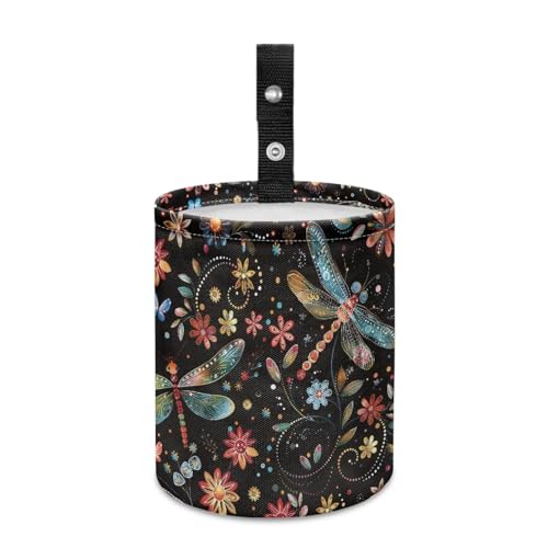 Renewold Floral Dragonfly Butterflies Car Trash Can Automotive Interior Accessories Button Design Trash Bin for Car Garbage Can Gift for Women Men Storage Bag for Picnic Beach Home Office Waterproof - color: Floral Dragonfly Butterflies