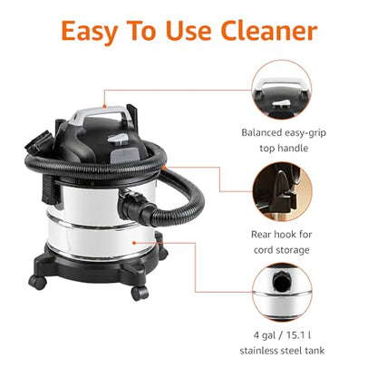 Amazon Basics Wet Dry Shop Vacuum Cleaner, 4 Gallon, 3 HP Stainless Steel, Grey/Black - size: 4 gallon Shop, 3 HP