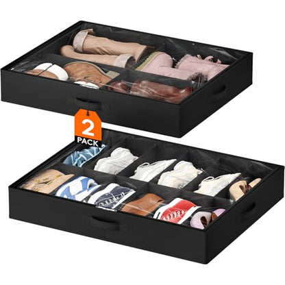 Lifewit Under Bed Shoe Storage Organizer 1 Pack(12 Shoes Cells+4 Boots Cells), 4.3 Inches Profile Fabric Shoes Container Box with Clear Cover, Foldable Storage Bag with 2 Handles, Fits 10 to 16 Pairs - style: 12 Shoes Cells+4 Boots Cells