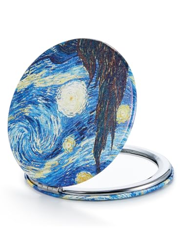 OMIRO 1X/10X Compact Magnifying Mirror, Unique Painting Pocket Mirror with Classical PU Leather (Round, Starry Night) - color: Starry Night