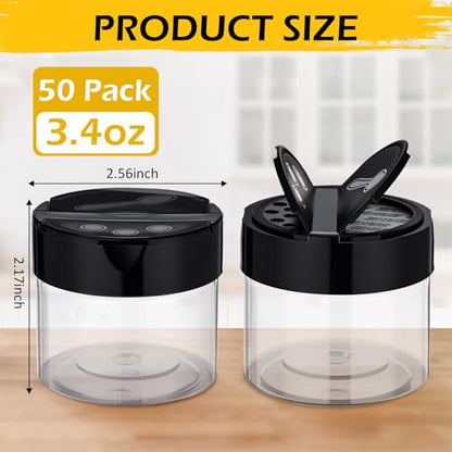 50 Pack 3.4 oz Plastic Spice Jars with Black Cap Empty Clear Spice Bottles Containers Seasoning Jars with Shaker Lids for Storing Herbs and Seasoning Powders Kitchen Restaurant Storage - size: 3.4 oz