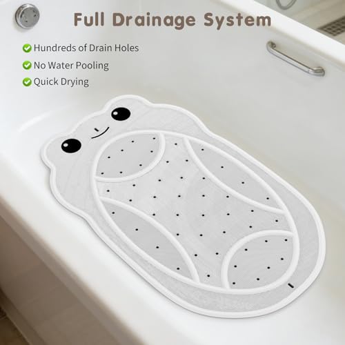 Upgraded Kids Bathtub Mat Non Slip, Low-Odor Natural Rubber Bath Mat with Strong 18mm Suction Cups, Flat Non-Slip Surface, 30"x18" Cute Frog Design, Shower Mat Fast Draining for Smooth Tubs, Beige - color: Beige