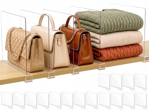 SortNStore Shelf Dividers Purse Organizer for Closet: 16-Pack Acrylic Bag Storage Organizer for Handbags, Clutches, Clothes, Sweater, Towel on Wood Shelves - color: Clear:16-pack, size: Standard: 8" Tall X 12" Deep
