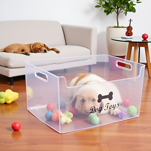 Morezi Dog Toy bin Basket Storage in Plastic Front Shallow Designed Dog Toy Organizer Great for Collecting pet chew Toys leashes Clothing in Living Room Area playroom Closet Shelf Gift Basket
