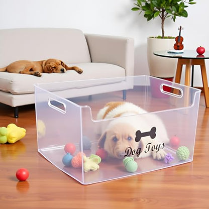 Morezi Dog Toy bin Basket Storage in Plastic Front Shallow Designed Dog Toy Organizer Great for Collecting pet chew Toys leashes Clothing in Living Room Area playroom Closet Shelf Gift Basket