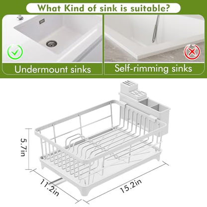 Kmiectse Dish Drying Rack - Space-Saving Small Dish Rack for Kitchen Counter, Rust-Resistant Kitchen Drying Rack, Compact Dish Drainer Organizer with Utensil Holder for Home Kitchen, White - color: White