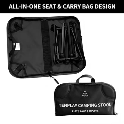 TENPLAY Portable Camping Stools for Adults Heavy Duty,Holds Up to 330lbs,18 Inch Oversized Folding Stools with All-in-One Seat & Carry Bag Design for Camping Outdoor Beach Travel Hiking Fishing Black